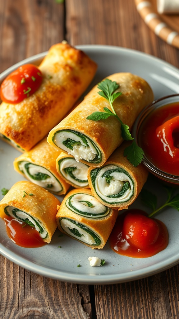 Sliced spinach and cheese roll-ups on a plate with marinara sauce and parsley garnish.